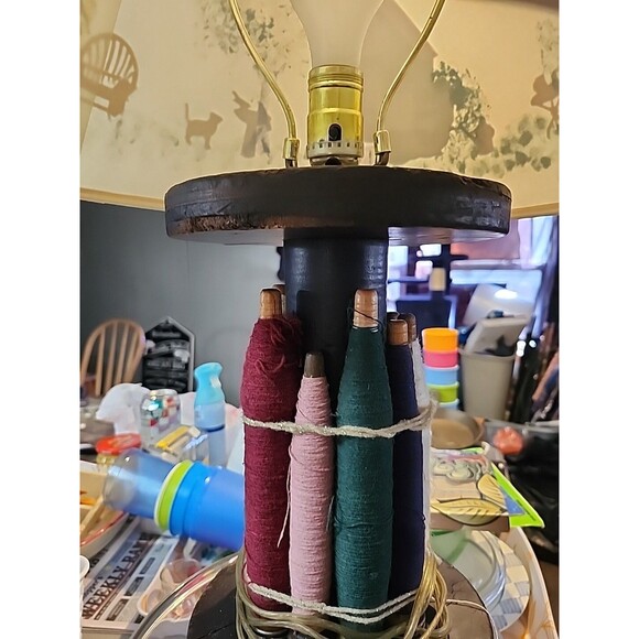 Handmade Folk Art Lamp Rustic Wood Base Textile Spools Painted Cottage Shade - Picture 3 of 13